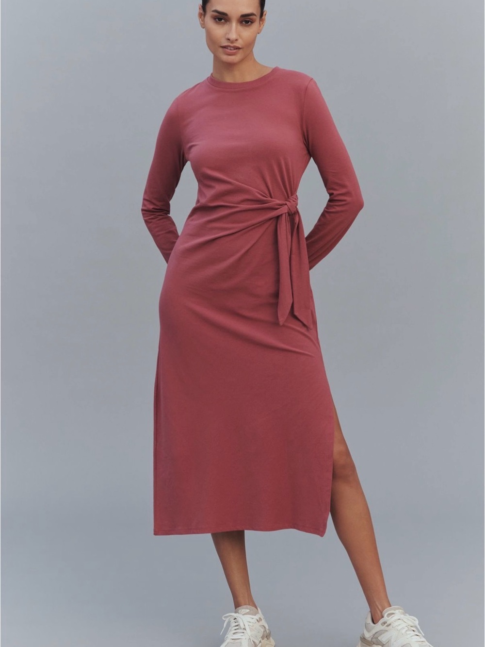 Anthropologie Dusty Rose Long-Sleeve Tie-Waist Midi Dress
